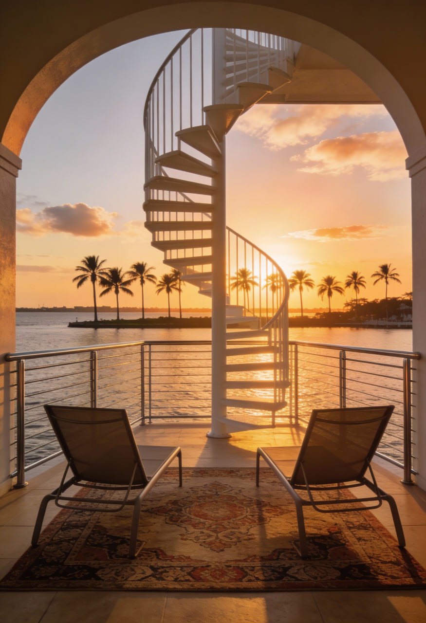 Custom spiral staircase with stainless steel railings overlooking waterfront in Tampa