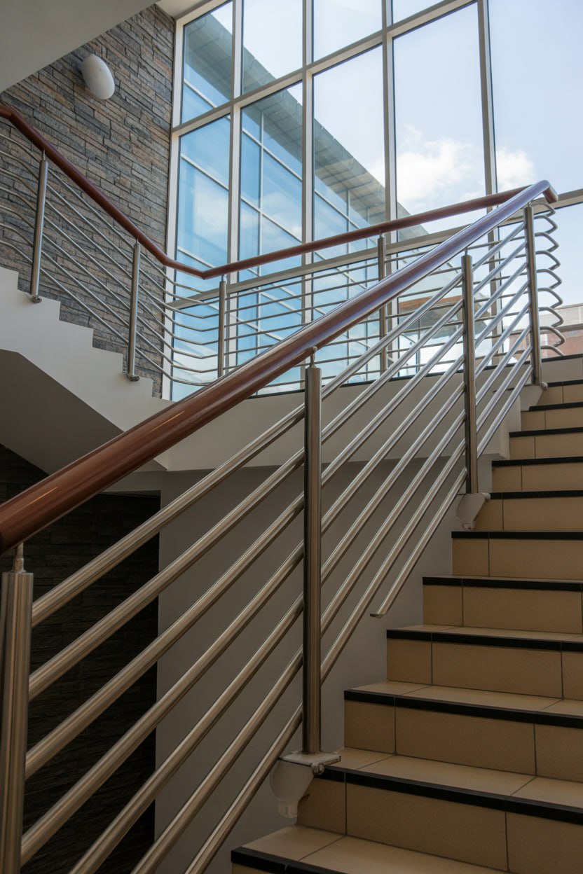 Commercial stainless steel staircase railings with wood handrail in Tampa